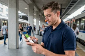 Homme consultant l'application Footclub FFF sur son smartphone dans une gare en déplacement
