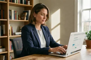 Femme accédant au webmail académique de Normandie Rouen sur son ordinateur portable depuis son bureau à domicile