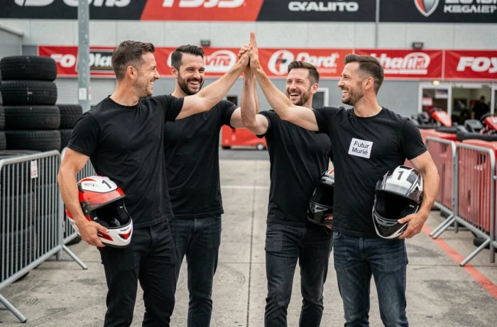 Hommes célébrant un enterrement de vie de garçon avec une activité karting, sortant du circuit en tenue assortie