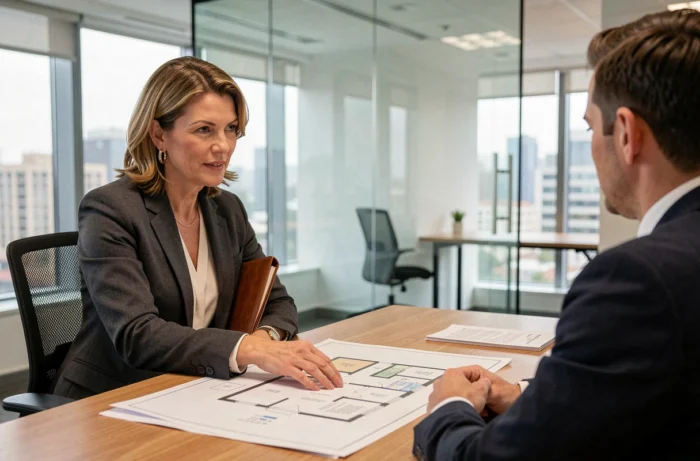 Agent immobilière en consultation avec un client autour d'un plan de bien dans une agence moderne