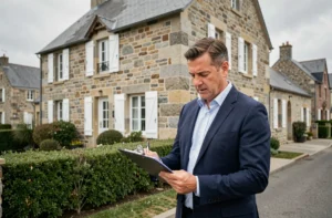 Agent immobilier devant une maison en pierre bretonne à Plaintel, tenant un dossier de vente immobilière