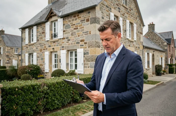 Agent immobilier devant une maison en pierre bretonne à Plaintel, tenant un dossier de vente immobilière