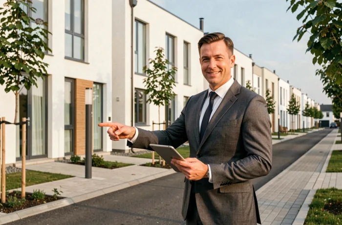 Agent immobilier présentant un programme de maisons neuves dans un quartier résidentiel moderne