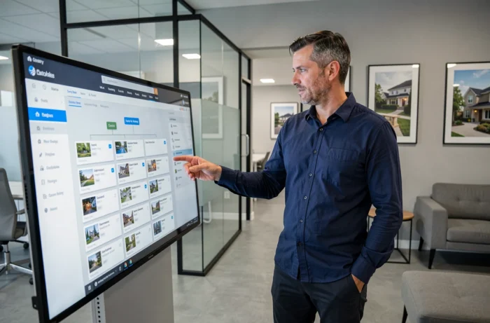 Agent immobilier masculin consultant le plan du site sur un écran tactile interactif dans une agence moderne