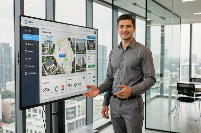 Agent immobilier présentant une plateforme immobilière en ligne sur écran interactif
