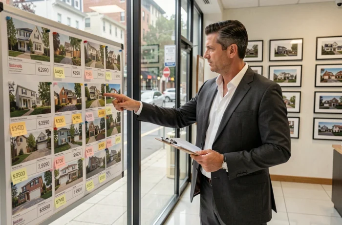 Agent immobilier examinant un tableau d'annonces de propriétés dans une agence immobilière moderne en centre-ville