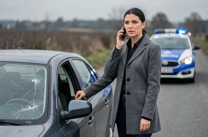 Femme téléphonant aux forces de l'ordre après un accident avec un sanglier, voiture de gendarmerie en approche en arrière-plan