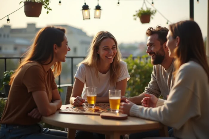 Groupe d'amis jouant à un jeu de société en terrasse, idée de loisir convivial en plein air