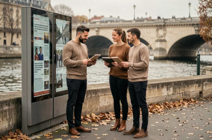 Groupe d'amis parisiens consultant un kiosque numérique d'actualités au bord de la Seine à Paris en automne