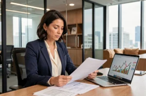 Professionnelle analysant des documents immobiliers et des rapports financiers sur son bureau dans un cadre de bureau moderne