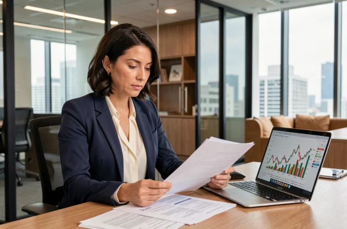 Professionnelle analysant des documents immobiliers et des rapports financiers sur son bureau dans un cadre de bureau moderne
