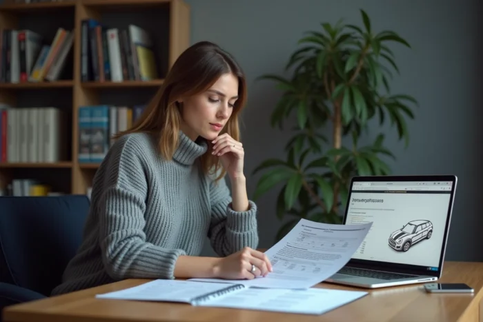 Femme analysant les données de puissance et de vitesse d'un véhicule sur des fiches techniques automobiles à son bureau