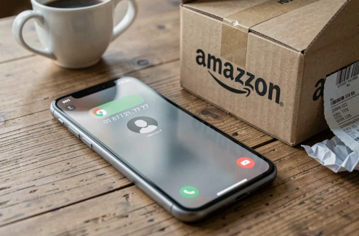 Smartphone affichant un appel entrant du numéro suspect 01 87 21 77 77 posé près d'un colis Amazon ouvert