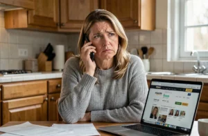Femme inquiète recevant un appel téléphonique suspect lié à Amazon sur son smartphone