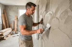 Artisan en train d'appliquer de l'enduit sur un mur lors de travaux de rénovation intérieure
