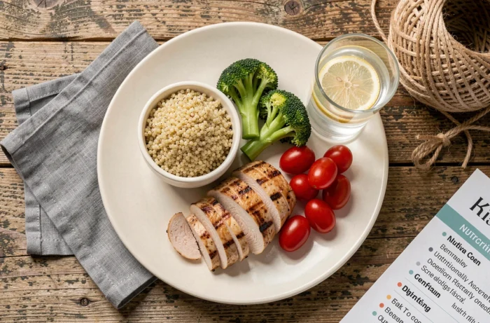 Assiette équilibrée pour senior avec poulet grillé, quinoa et légumes vue de dessus