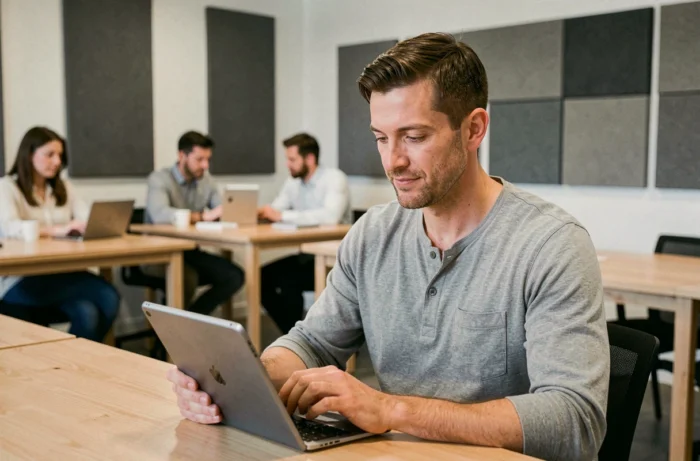 Auto-entrepreneur gérant ses factures sur une tablette dans un espace de coworking moderne