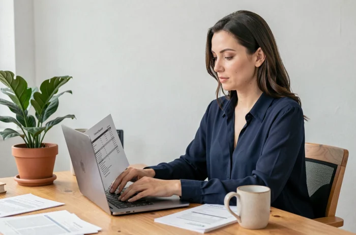 Auto-entrepreneuse utilisant un logiciel de facturation sur son ordinateur portable dans un bureau à domicile