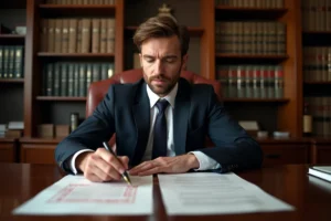 Avocat en costume marine examinant des documents juridiques officiels estampillés dans son bureau professionnel