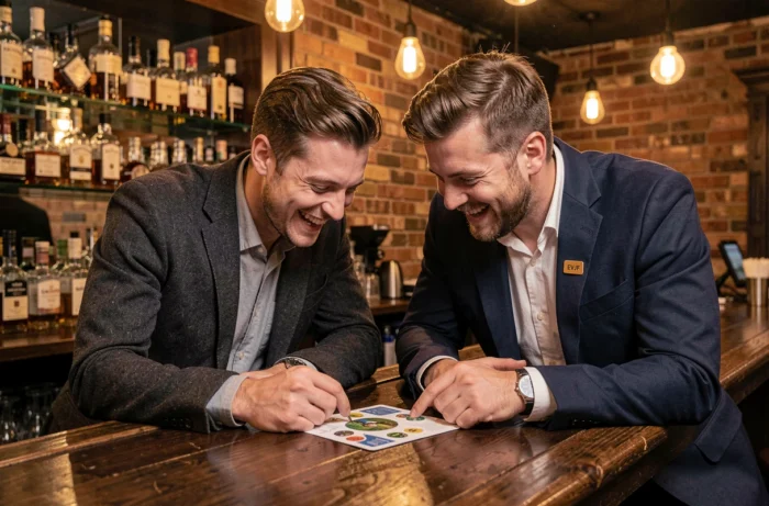Deux amis riant ensemble dans un bar à whisky lors d'un enterrement de vie de garçon, ambiance chaleureuse et conviviale