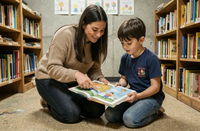 Bénévole accompagnant un jeune élève dans une bibliothèque scolaire modeste dans le cadre d'un programme de solidarité éducative