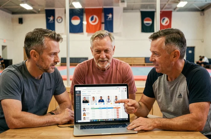Bénévoles d'un club de judo consultant ensemble l'extranet FFJDA pour gérer les grades et ceintures des judokas