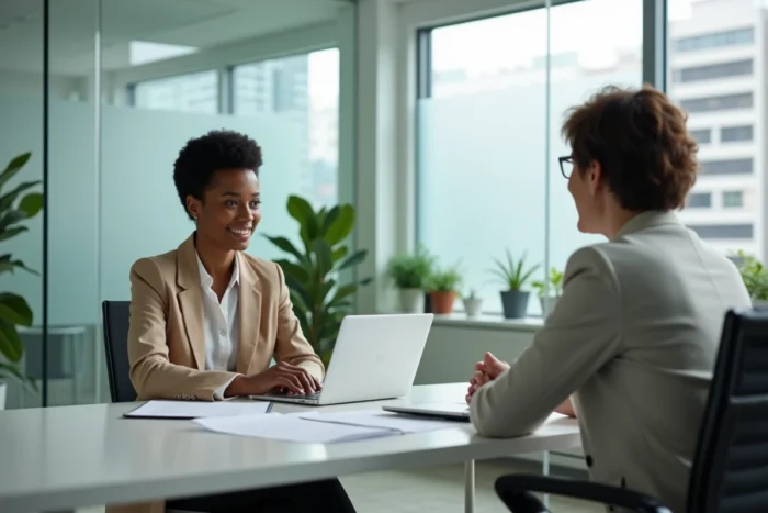 Femme en entretien de bilan de compétences avec un conseiller en orientation pour planifier sa reconversion en kinésithérapie