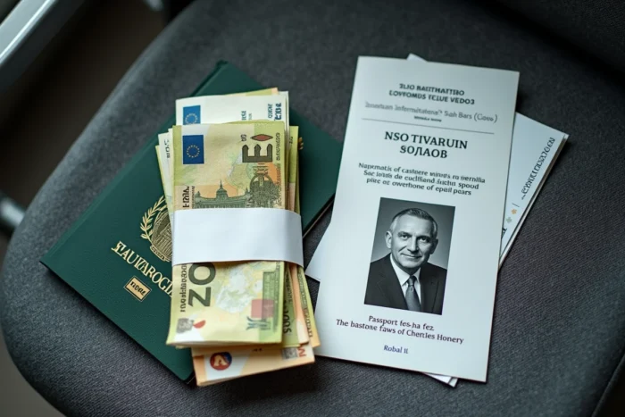 Pile de billets en euros avec passeport et carte d'embarquement sur un siège d'aéroport