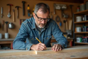 Homme bricoleur mesurant une planche en bois dans un atelier de garage bien équipé