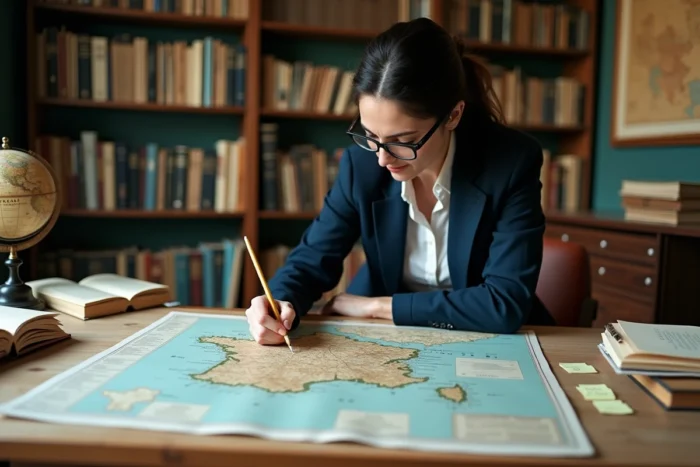 Chercheuse française analysant une carte régionale de France dans un bureau universitaire pour une étude sur la répartition géographique de la consanguinité