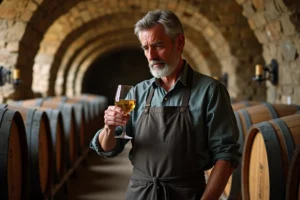 Vigneron inspectant un verre de vin blanc dans une cave voûtée en tuffeau du Val de Loire avec des tonneaux anciens