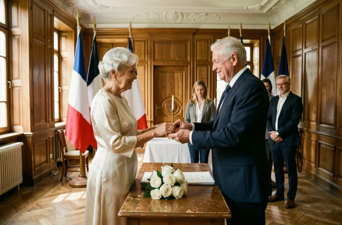 Cérémonie de mariage civil de seniors dans une mairie française, couple de plus de 70 ans échangeant des alliances entourés de leurs enfants adultes