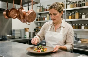 Cheffe cuisinière qui dresse une assiette gastronomique de légumes de saison dans une cuisine professionnelle moderne