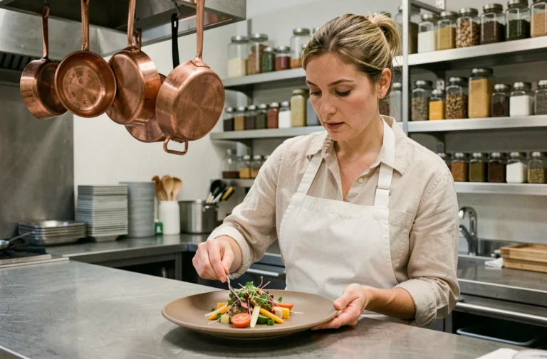 Cheffe cuisinière qui dresse une assiette gastronomique de légumes de saison dans une cuisine professionnelle moderne
