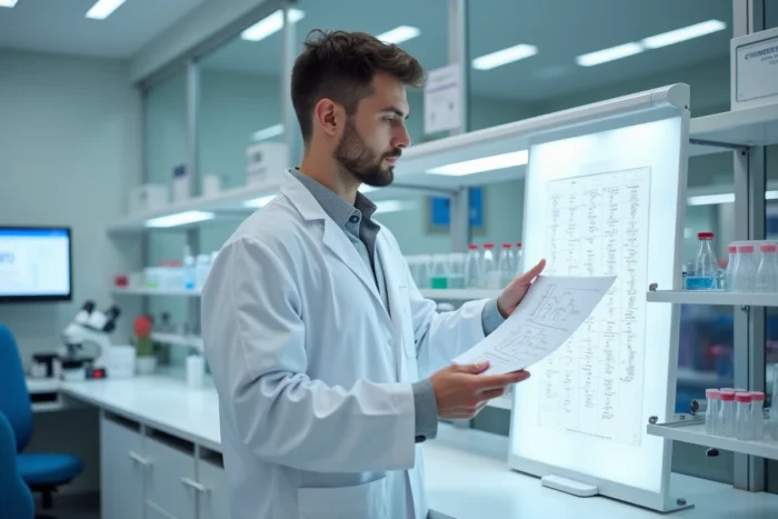 Chercheur en génétique médicale dans un laboratoire hospitalier français étudiant un rapport d'analyse ADN lié aux enjeux de santé de la consanguinité