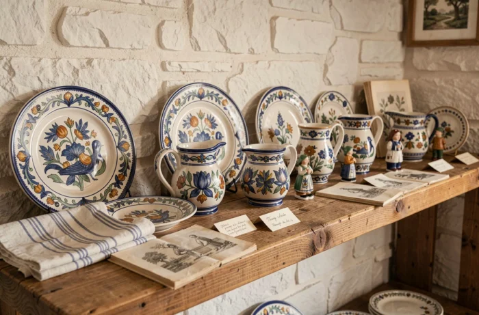 Collection de faïences Henriot Quimper anciennes exposées sur une étagère en bois de ferme bretonne avec un guide de référence
