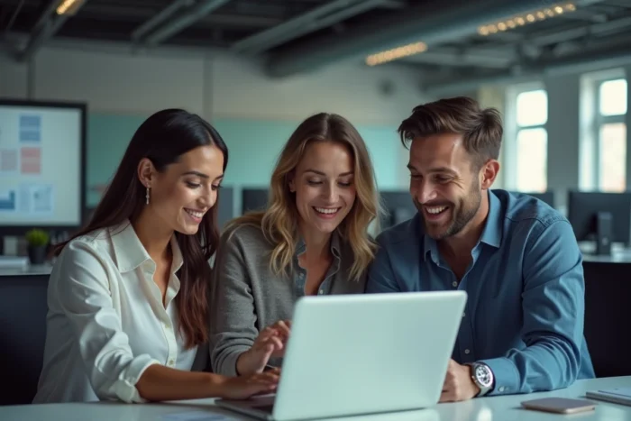 Groupe de collègues discutant des dernières actualités devant un ordinateur portable dans un bureau de rédaction moderne