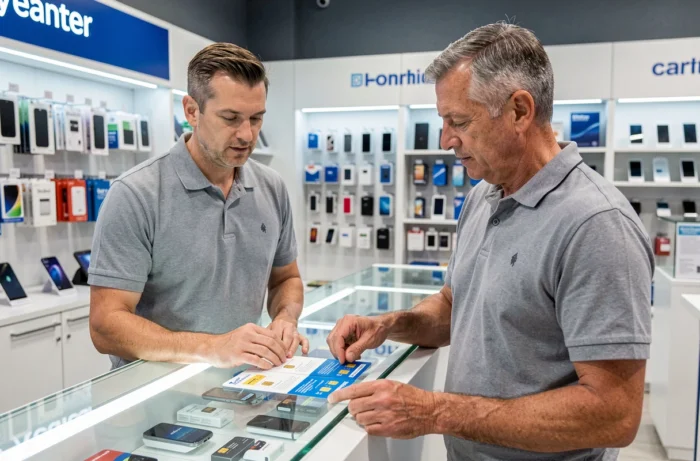 Un homme compare deux forfaits de cartes SIM dans une boutique de téléphonie mobile