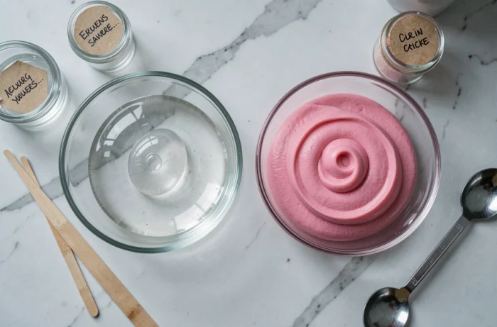 Vue de dessus comparant un slime trop liquide et un slime correctement épaissi dans deux bols en verre sur un plan de travail en marbre