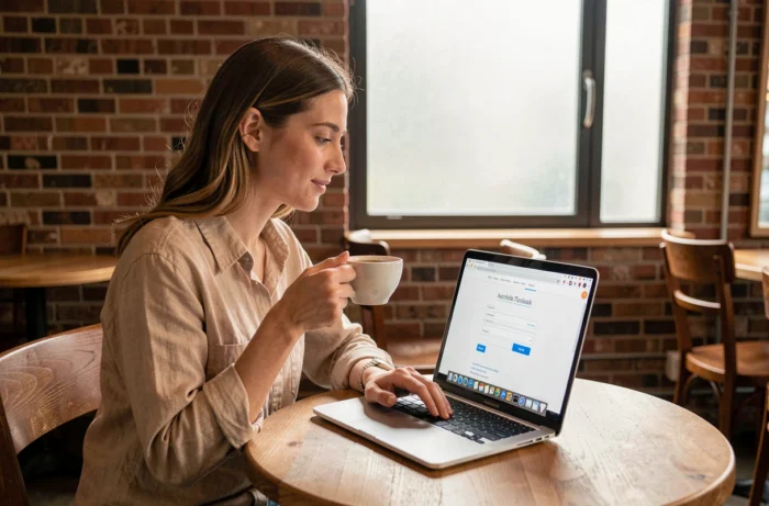 Jeune femme se connectant au webmail de l'académie de Normandie depuis un café avec son ordinateur portable