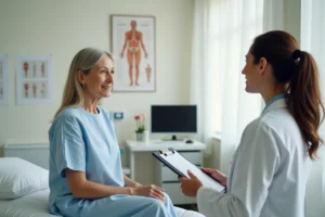 Patiente en consultation dermatologique discutant de symptômes cutanés avec sa médecin, dans un cabinet médical moderne