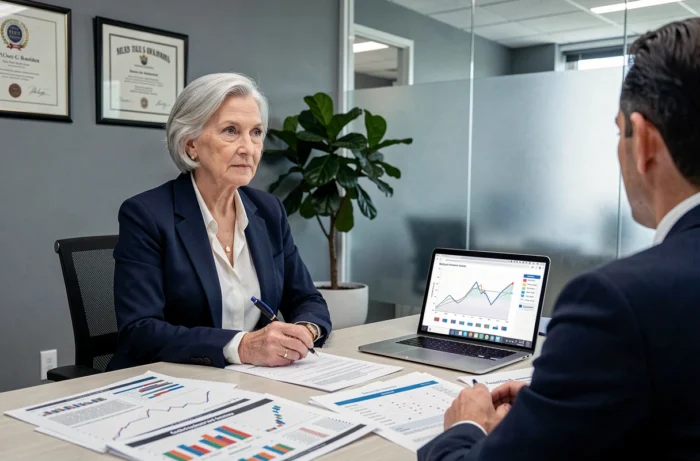 Femme retraitée en consultation avec un conseiller financier discutant du montant de sa retraite