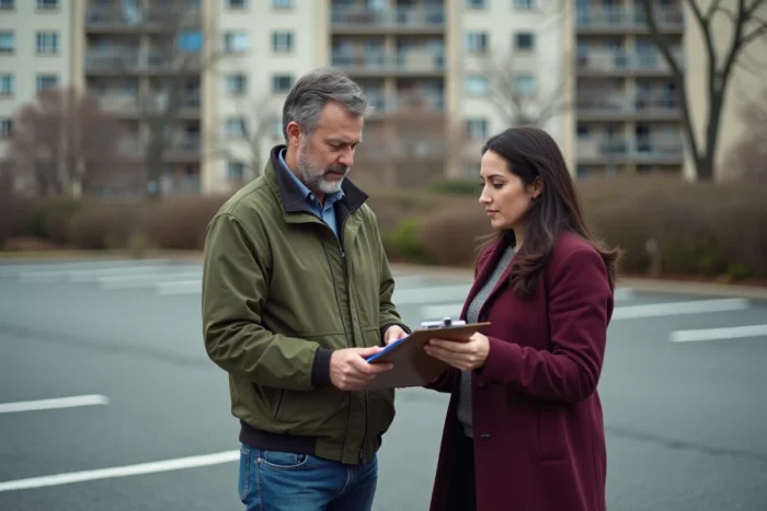 Deux copropriétaires examinant des documents officiels debout dans un parking extérieur résidentiel pour vérifier la conformité de leur place en jouissance