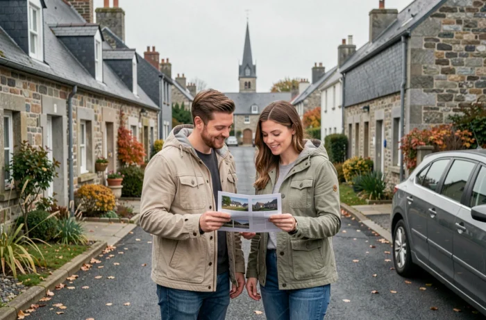 Couple de primo-accédants consultant une annonce immobilière dans une rue résidentielle de Plaintel en Bretagne