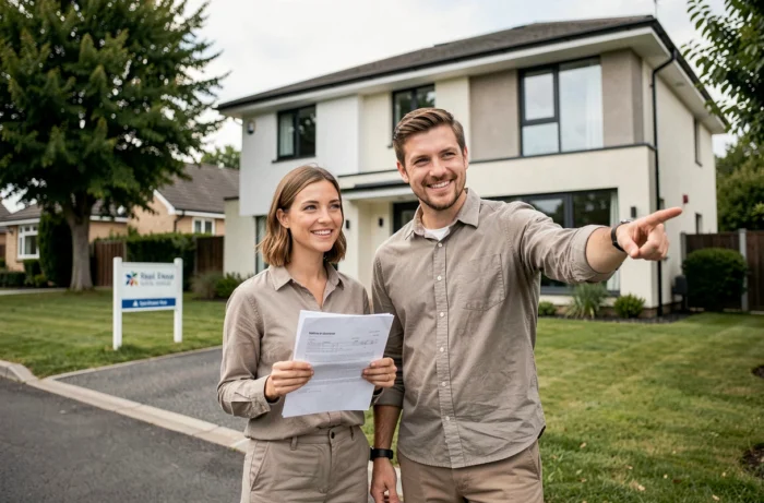 Couple devant une maison à vendre avec des documents immobiliers en main dans un quartier résidentiel