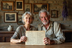Couple de personnes âgées dans une ferme rurale française tenant un document généalogique familial illustrant la transmission des liens familiaux en région isolée