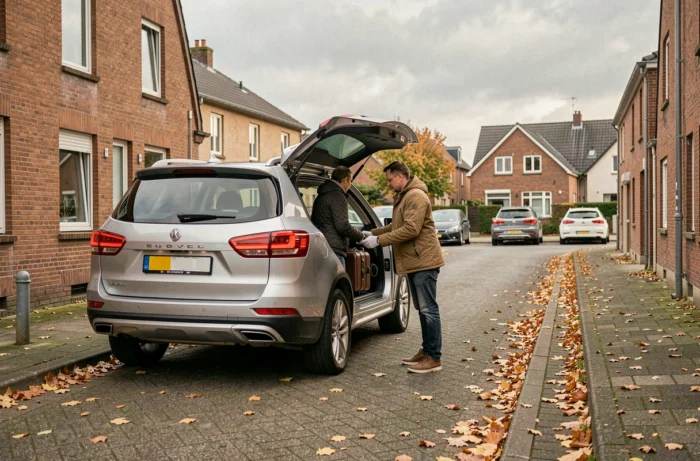 Couple chargeant des bagages dans un SUV de location devant une rue résidentielle de Tourcoing en automne