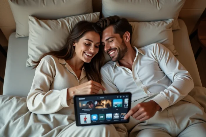 Couple choisissant un film ensemble sur une tablette via une plateforme de streaming dans leur chambre