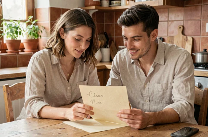 Couple choisissant le prénom César pour leur futur enfant autour d'une liste de prénoms manuscrite