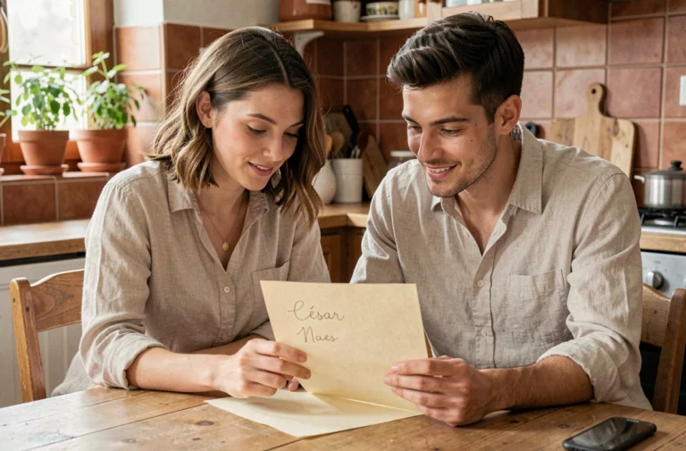 Couple choisissant le prénom César pour leur futur enfant autour d'une liste de prénoms manuscrite